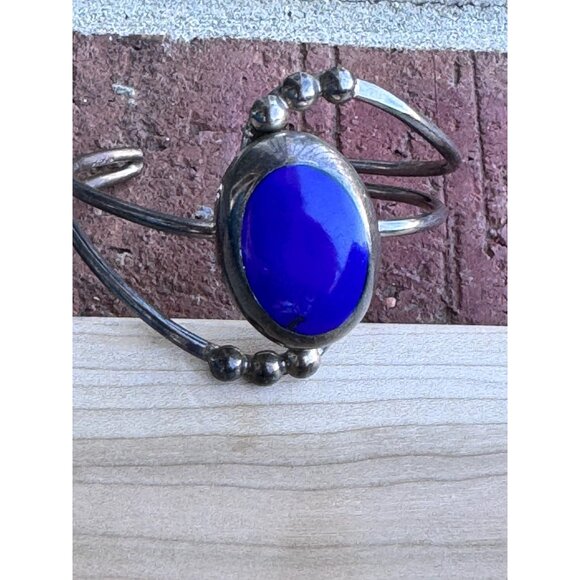 Sterling Silver Cuff Bracelet With Lapis Lazuli Stone & Beaded Detailing - Picture 2 of 7